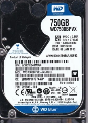WD7500BPVX-60JC3T0 dcm: SH0T2HK JAN 2015 750GB SATA Malaysia 2.5 WESTERN DIGITAL - Image 1 of 3