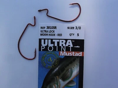 MUSTAD 38105R Ultra Lock Worm Hook 3/0 red  3 pks of 5 hooks  - Image 1 of 2