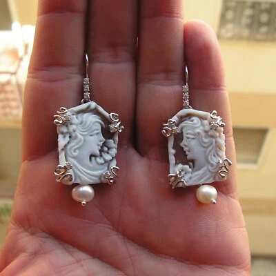 Brincos femininos concha cameo feito à mão joia exclusiva elegante pérolas brilhantes - Imagem 1 de 4