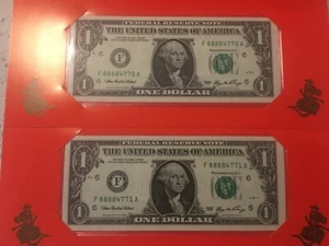 lot of two $1 lucky money notes consecutive numbers 88884770-71 - Picture 1 of 3