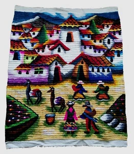 Vintage peruanischer Wollteppich handgewebt Kunst Wandbehang 36”x49” Anden Dorf - Bild 1 von 8