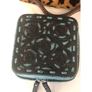 Verziertes Leder Damen Schmuck Reise Etui Organizer Türkis Rindsleder Klein Neu - Bild 1 von 2