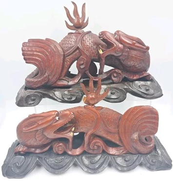 VTG Chinese Rosewood Hand Carved Wood Dragons Glass Eyes On Stands Set/2 - Image 1 of 4