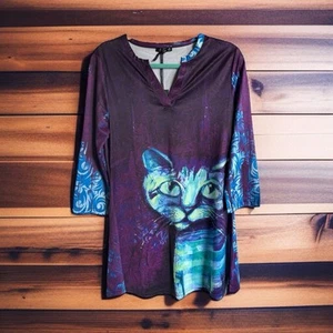 Lily by Firmiana Womens Tunic Dress Sz M Purple Blue Cat Kitten V-Neck NEW - Picture 1 of 6