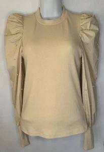 ANTHROPOLOGIE Dolan Beige Ribbed Long Puff Sleeve Top Blouse women’s Size XXS - Picture 1 of 9