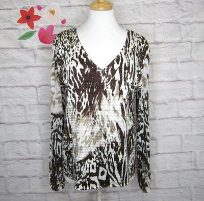 Blusa Dressbarn Cuello en V Marrón Estampado Animal Plisada Manga Globo Talla XL Foto 1 de 4