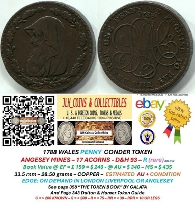 1788 WALES CONDER PENNY - ANGLESEY MINES - 17 ACORNS - D&H 93 R- NICE! - CT 1101 - Image 1 of 4