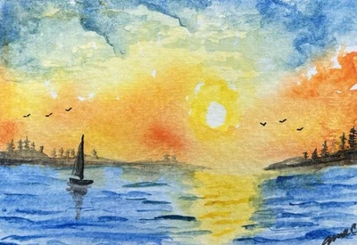 ACEO sunset sailboat  seascape  Watercolor Painting ATC original OOAK  - Image 1 of 2