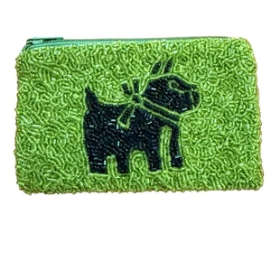 MOYNA Green Black Bulldog Beaded Zip Coin Purse 5 x 3  - Picture 1 of 9