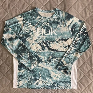 Huk Fishing Camicia Manica Lunga Uomo XL Blu Mimetica Acqua Outdoor Performance UPF - Foto 1 di 10