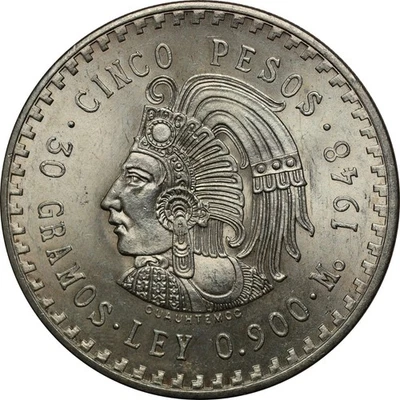 Mexico 1948 Silver 5 pesos Cuauhtemoc Aztec Chief Choice UNC - Image 1 of 3
