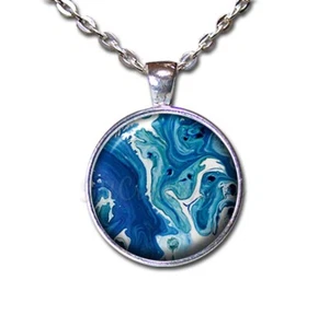 Ocean Blue Swirls Nautical Pattern - Handmade ROUND Glass Pendant Necklace - Picture 1 of 10
