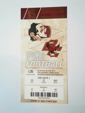 2016 Florida State Seminoles Boston College Eagles Football Ticket Stub Cover