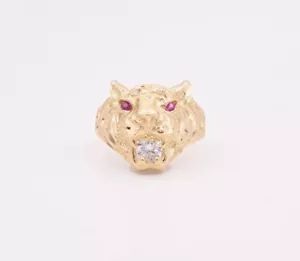 Men's Tiger Lion Head Ring Ruby Eyes & CZ Real Solid 10K Yellow Gold Size 10 - Picture 1 of 2