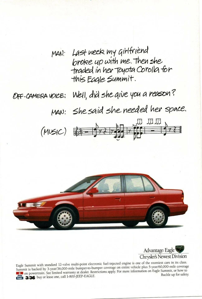 1991 Chrysler Eagle Summit red 4-door sedan Vintage Print Ad - Image 1 of 1