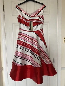 Coast Rochelle gestreiftes Damenkleid bunt rot weiß pink Größe 10 neu mit Etikett UVP 149 £ - Bild 1 von 6