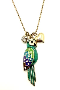 Betsey Johnson PARROT Charm Necklace Green Purple Blue Enamel Rhinestones 18" - Picture 1 of 12