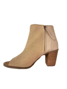 Toms Booties Majorca Womens 8.5 Shoes Beige Leather & Fabric Peep Toe Zip Boots - Picture 1 of 10