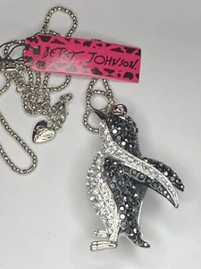 Betsey Johnson Black & Clear Crystal Rhinestone 3D Penguin Silver Necklace - Picture 1 of 3