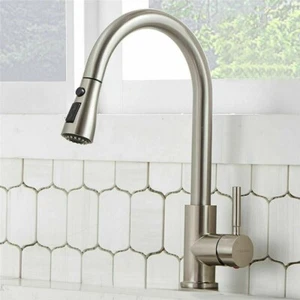 Kitchen Sink Faucet Brushed Nickel Single Handle Swivel Pull Down Sprayer Mixer - Picture 1 of 9