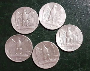 SERIE DELLE 5 LIRE AQUILOTTO 1926 . 27 . 28 . 29 . 30 LOTTO 5 MONETE IN ARGENTO  - Imagen 1 de 7