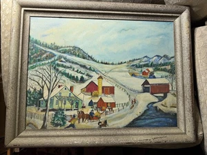 Pintura al óleo vintage de arte popular "escena primitiva americana" - firmada y enmarcada - Imagen 1 de 16
