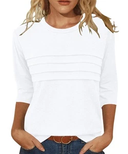 3/4 Sleeve Blouses for Women Casual Crewneck Pleated Summer Shirts White M - Picture 1 of 3