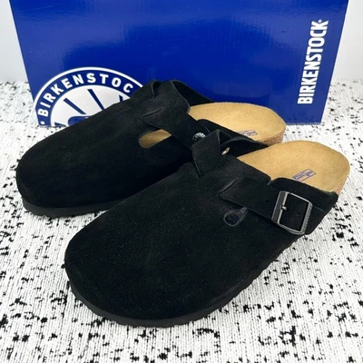Birkenstock Boston Black Soft Footbed Suede Leather women's and men's Clog Shoes - Image 1 of 4