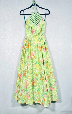 Vestido Lanz Vintage Para Mujer 9 Amarillo Algodón Floral Halter Maxi Cottage Foto 1 de 4