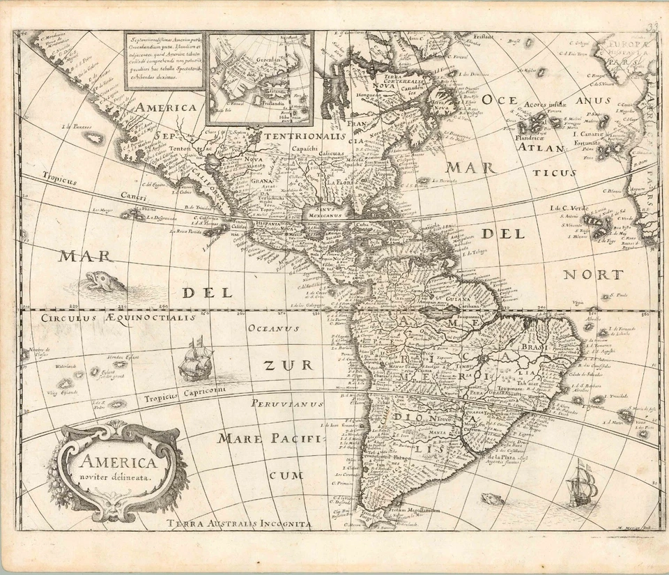 Mapa Merian de las Américas 1638, 'America noviter delineata' con barcos y monstruos marinos Foto 1 de 1