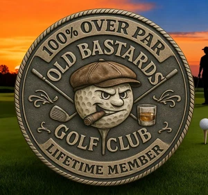 Over Par Old Bastards Golf Coin–Funny Golf Challenge Coin for Men with Whiskey - Picture 1 of 8