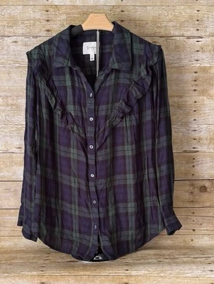 Jessica Simpson 1x Plaid Ruffle Shirt Blue Green Nice Button Down Top  - Image 1 of 2