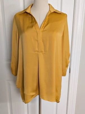 Renuar Women S Air Flow 3/4 Roll Tab Sleeves Collared Yellow Asymmetrical Blouse - Image 1 of 4