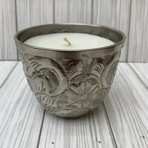 Pottery Barn Silver Hammered Floral Candleholder NEW READ Metal Candle Holder - Picture 1 of 5