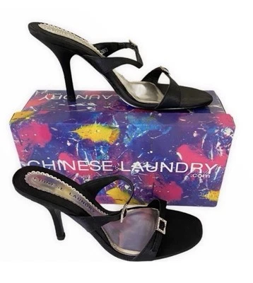 Sandalia de Tacón Alto Chino Lavandería Talla 6.5 Negro Satinado Fiesta Boda Verano Mules Foto 1 de 4