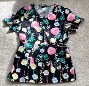 Cherokee Runway Black w/ Coral, Yellow, & Gray Roses & Vine Scrub Top Women's M - Picture 1 of 3