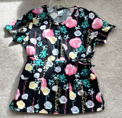 Cherokee Runway Black w/ Coral, Yellow, & Gray Roses  & Vine Scrub Top Women's M - Image 1 of 3