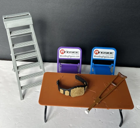 Lot of Six WWE Ring Accessories Breakaway Table, 2 Chairs, Ladder, Belt & Crutch Cover