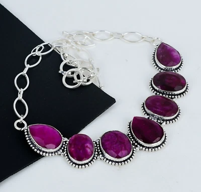 Kashmir Rubino Gemma 925 Argento Sterling Mano Collana Per Compleanno Regali - Immagine 1 di 4