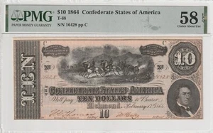 Confederate 1864 $10 Certified PMG Banknote AU 58 EPQ T-68 - Picture 1 of 2
