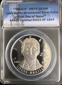 2009 LOUIS BRAILLE Silver $1 ANACS PR70💥FLAWLESS QUALITY!💥FIRST DAY OF ISSUE🏆 - Picture 1 of 2