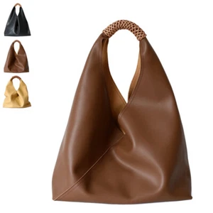 Raw Edge Leather Triangle Tote Hobo Shopper Shoulder Bag Sack Braided Handle - Picture 1 of 15
