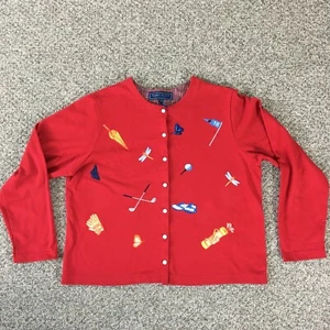Karen Scott Jacket Womens Large Red Knit Golf Tee Clubs Button Up Long Sleeve - Picture 1 of 12