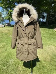 GAP Parka Jacket Fur Trimmed Hood Womans Coat Army Green Size XS EUC - Picture 1 of 14