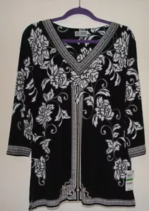 JM Collection Ladies Black & White print 3/4 Sleeve TOP Size L - Picture 1 of 2