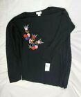 Liz Claiborne Black Long Sleeve Floral Embroidered Sweater, XLT                 