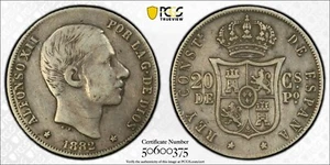 SPANISCHE Philippinen 1882 Silber 20 Centimos KM-149 PCGS original sehr schöne Details - Bild 1 von 4