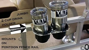 Pontoon Boat 2 JUMBO Cup Drink Holder Aluminum Diamond Plate Fits 1 1/4 Rail - Picture 1 of 11