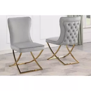 Dining Room Chair Set of 4 Gray Velvet Upholstered, Tufted, Gold Plated Legs - Picture 1 of 3