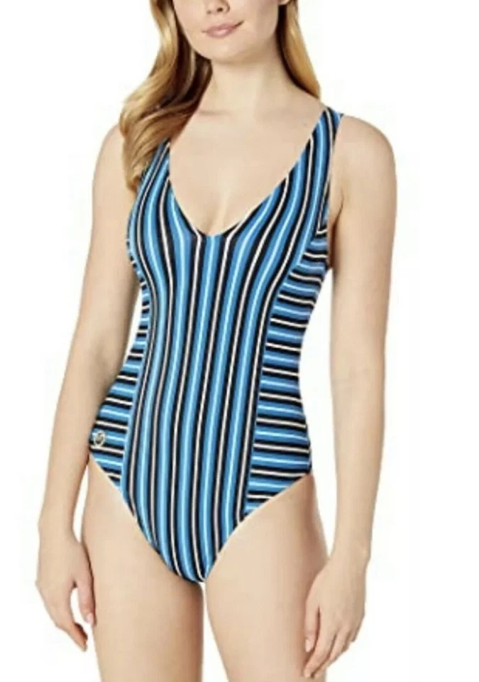 Michael Kors Marine Stripe V-neck One-piece Swimsuit Vintage Blue Women's 8